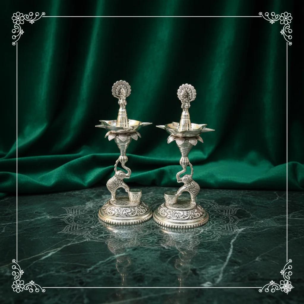 Value Gifts Elegant Antique Kamakshi Deepam in German Silver for Pooja