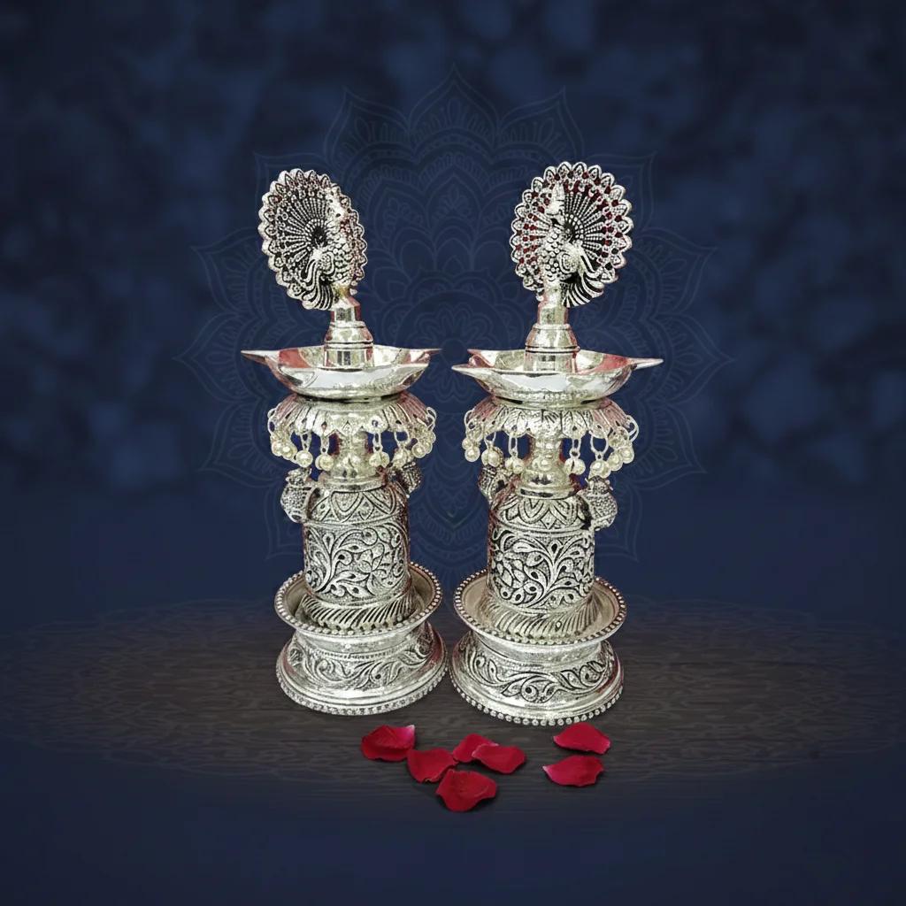 Value Gifts German Silver 11 Inch Antique Diyas for Religious Ceremonies