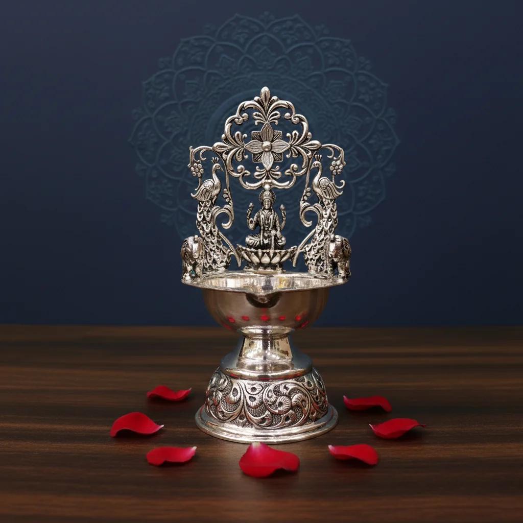 Value Gifts 7.5 Inch Kamakshi Deepam in German Silver for Spiritual Use