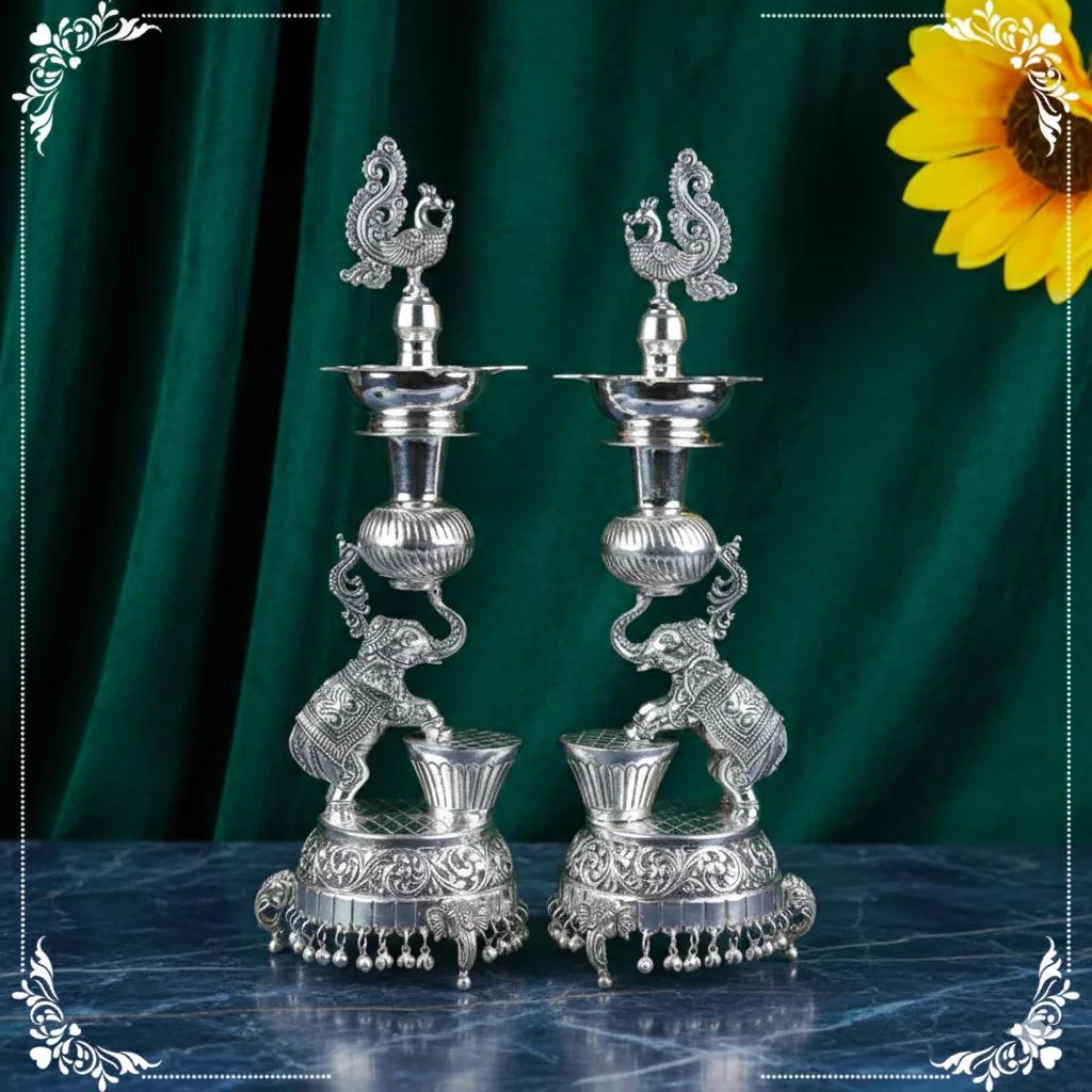 Value Gifts 16 Inch Elephant Antique Diyas German Silver Decorative Item