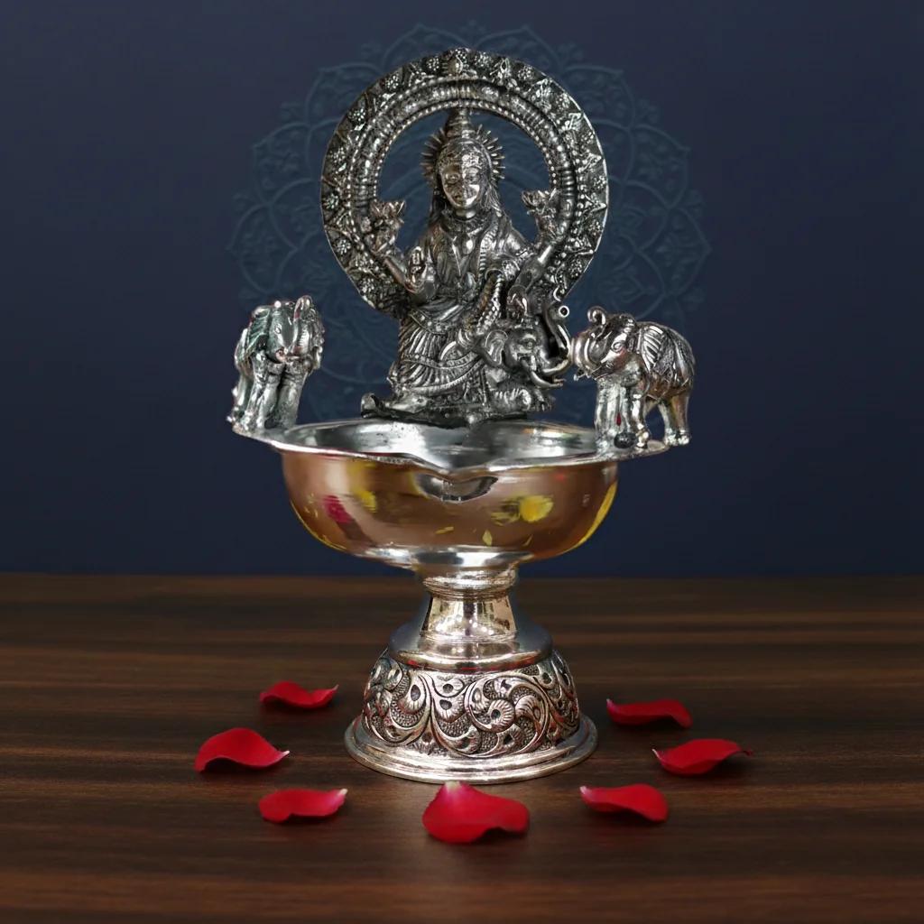 Value Gifts Traditional German Silver Kamakshi Deepam with Antique Finish