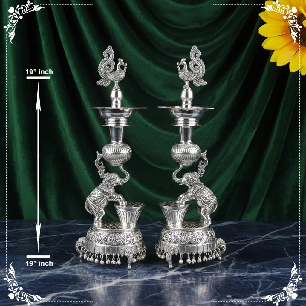 Value Gifts Exquisite German Silver 19 Inch Antique Diyas for Puja