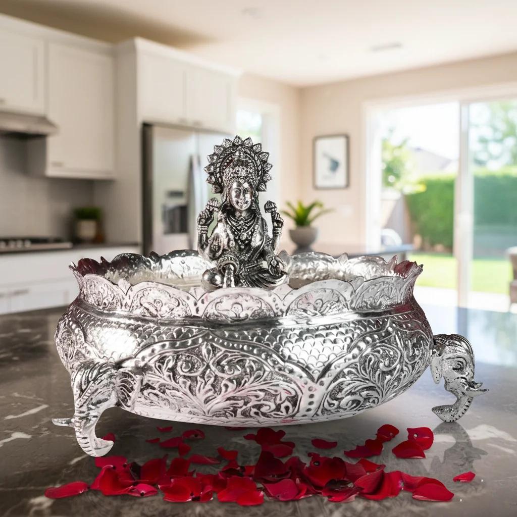 Value Gifts Traditional Antique German Silver Lakshmi Devi Idol & Bowl Set for Religious Ceremonies
