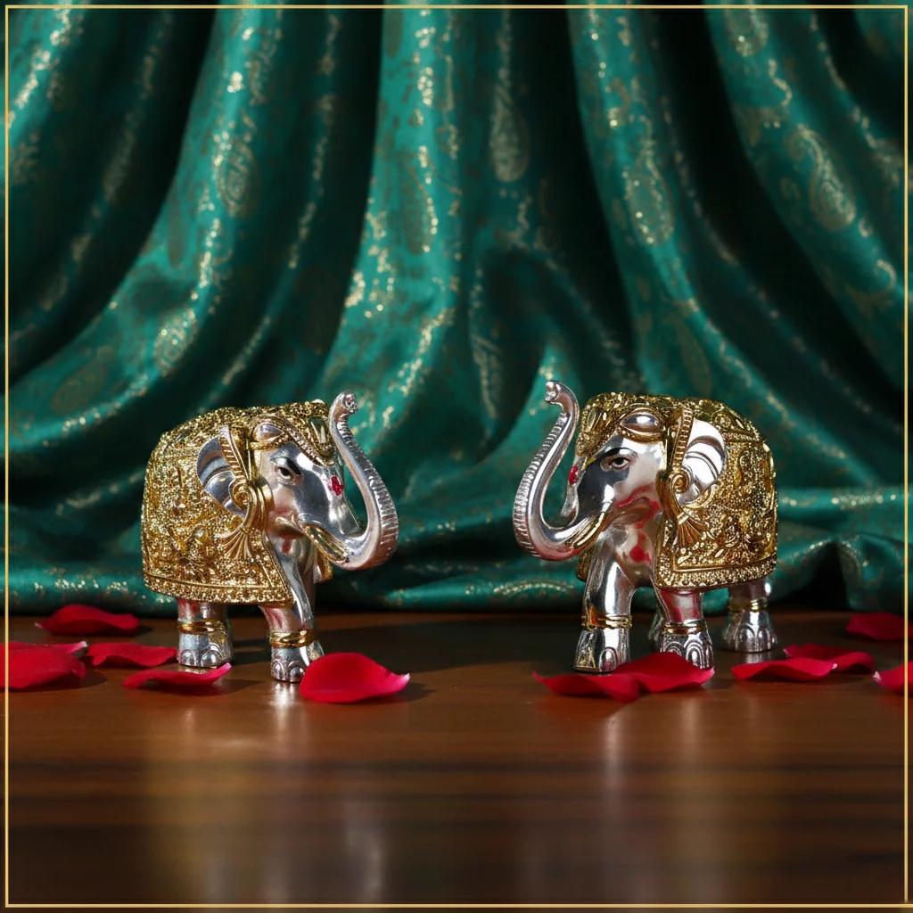 Value Gifts Beautiful 4 Inch German Silver Elephants with Silver Gold Accent
