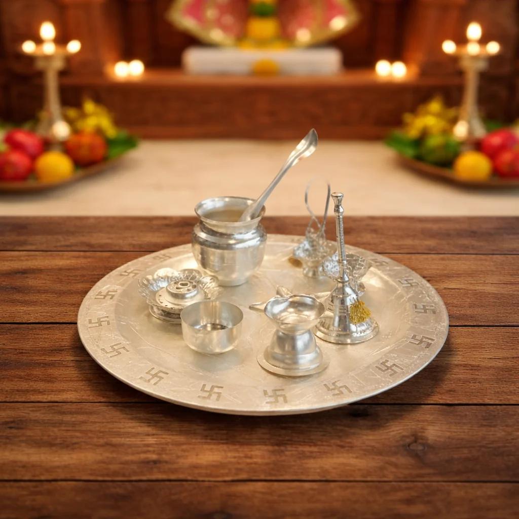 Divine German Silver Pooja Samagri Set Complete Vessel Combo for Sacred Rituals