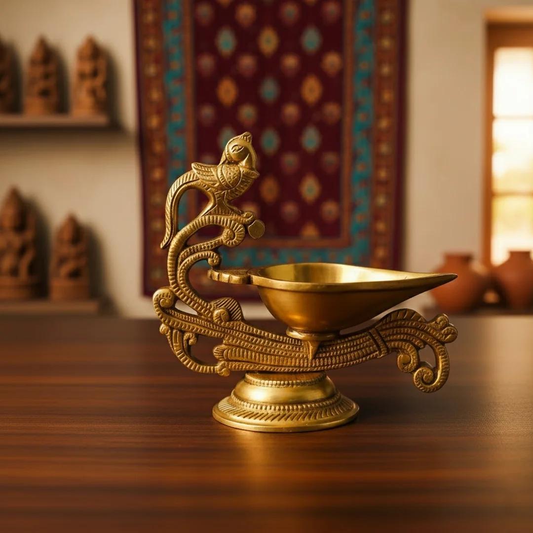 5 Inch Brass Peacock Diya for Pooja and Worship
