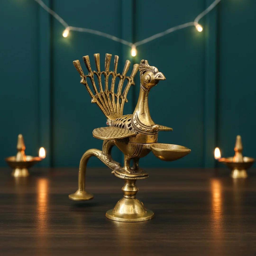 Brass Dhoop Dani with Handle and Peacock Diya for Pooja