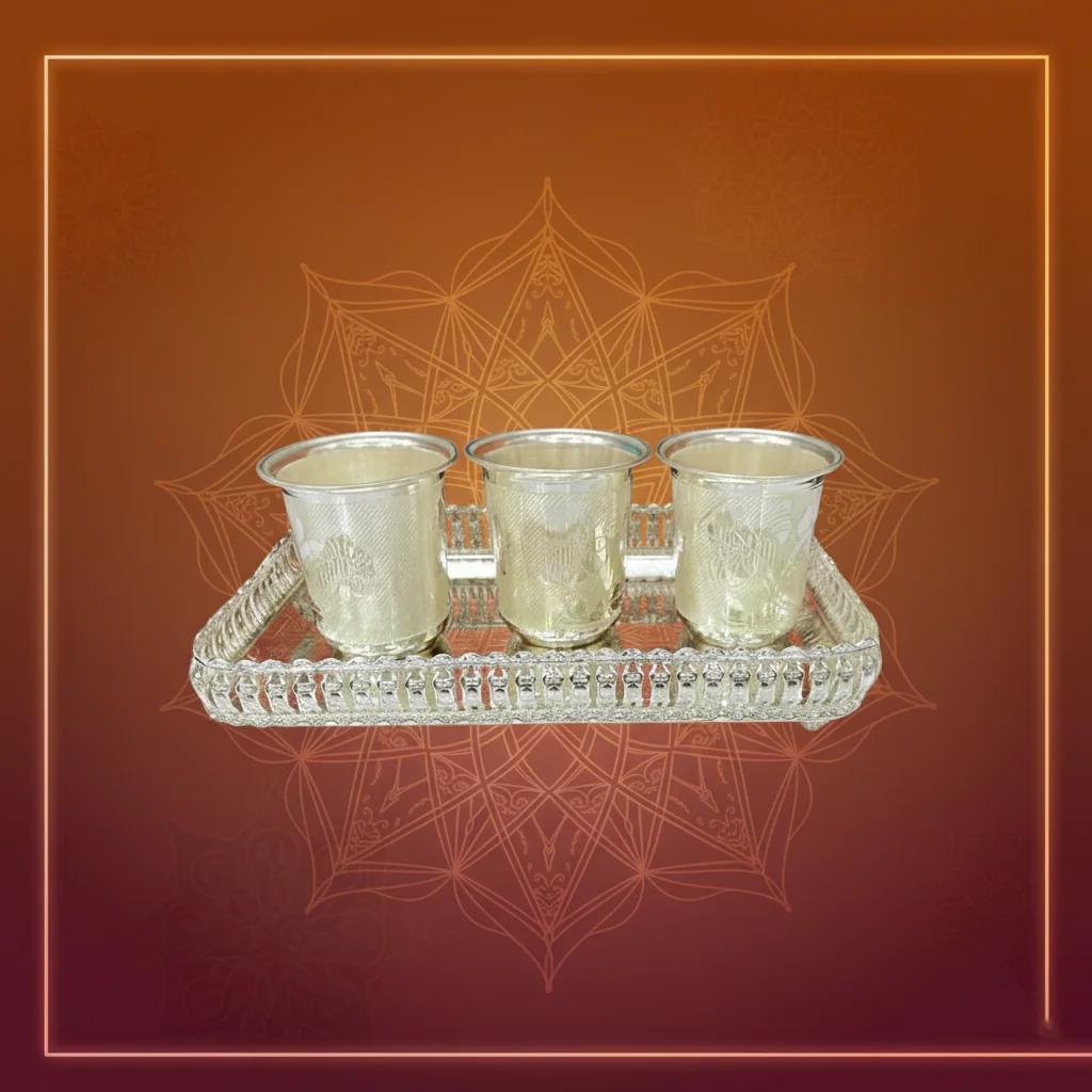 Value Gifts German Silver 3 Glasses & Tray Set for Pooja and Rituals