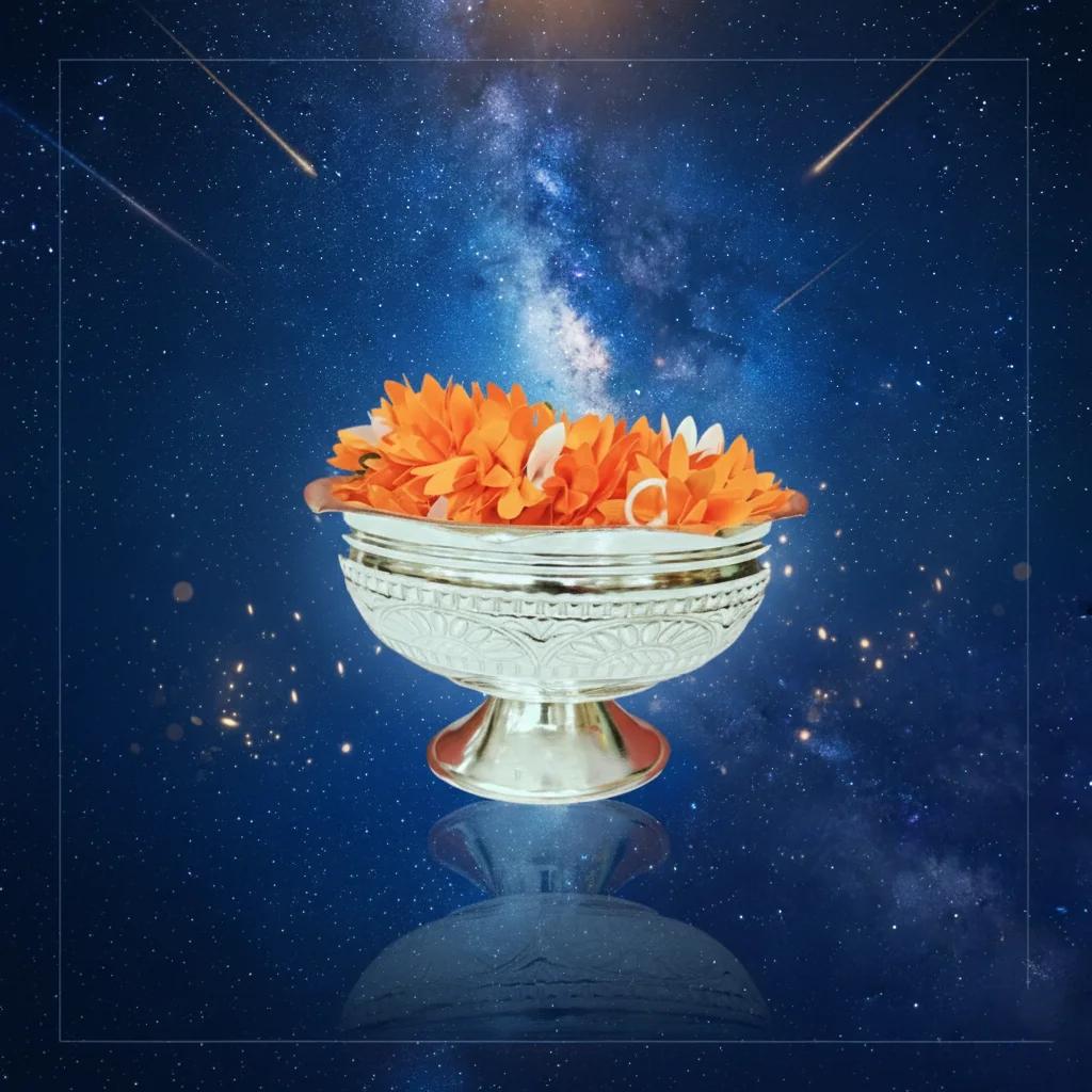 Value Gifts Elegant 6 Inch German Silver Prasadam Bowl & Garland for Worship