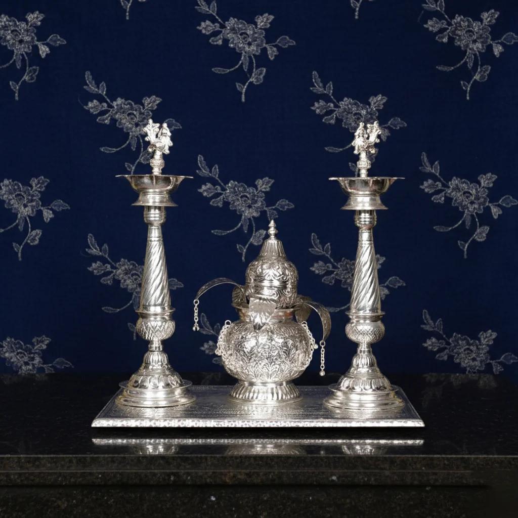 Value Gifts Premium 22” German Silver Diyas, Kalisam & Coconut Antique Set