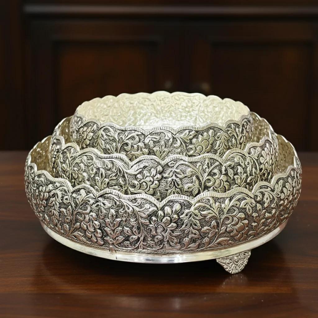 Value Gifts German Silver 12, 10, 8 Antique Plates Set for Devotional Offerings