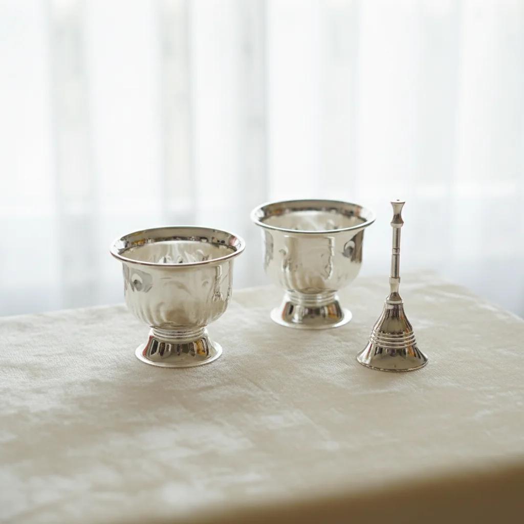 Value Gifts Premium German Silver Bowls with Bell Traditional Pooja Set