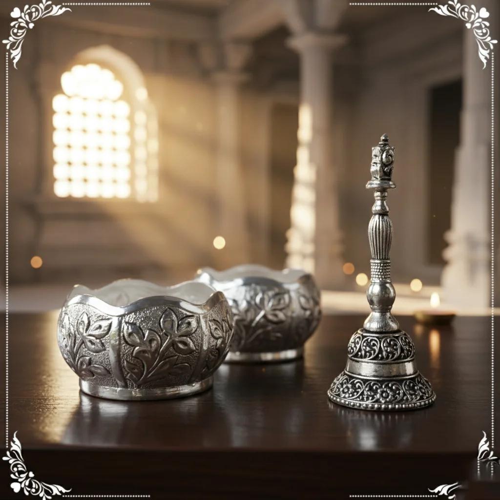 Value Gifts German Silver Antique Bowls with Bell for Rituals and Devotional Use