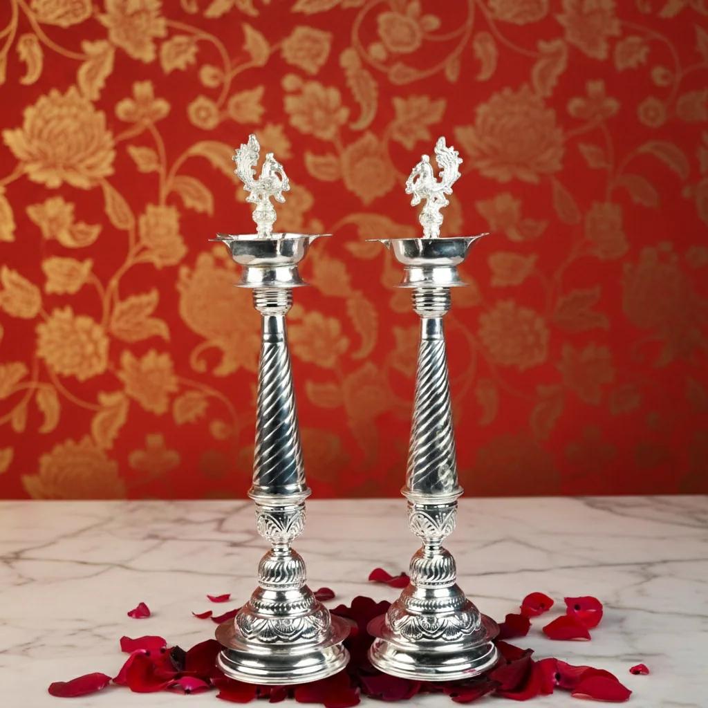 Value Gifts Premium German Silver 22-Inch 2-in-1 Diya Set for Elegant Lighting