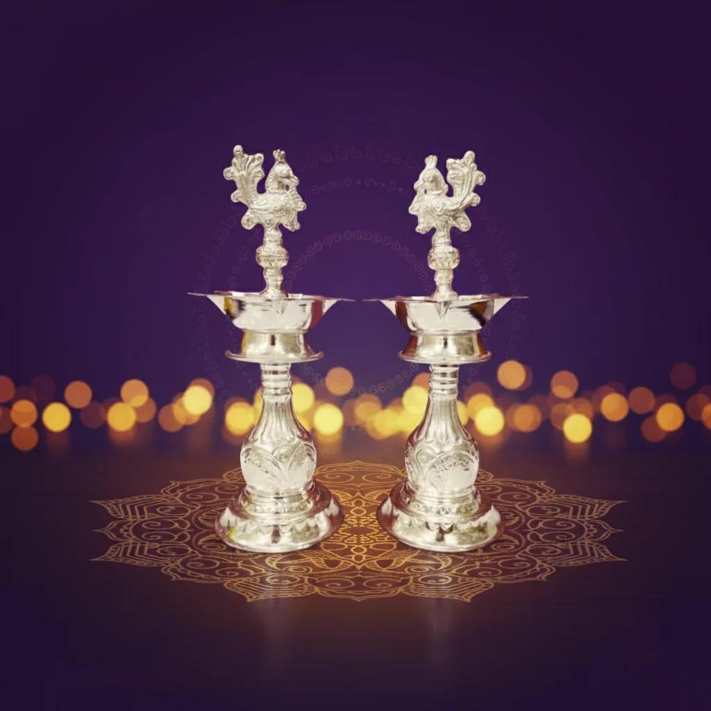 Value Gifts 10 Inch Design Diyas in German Silver for Pooja and Decor