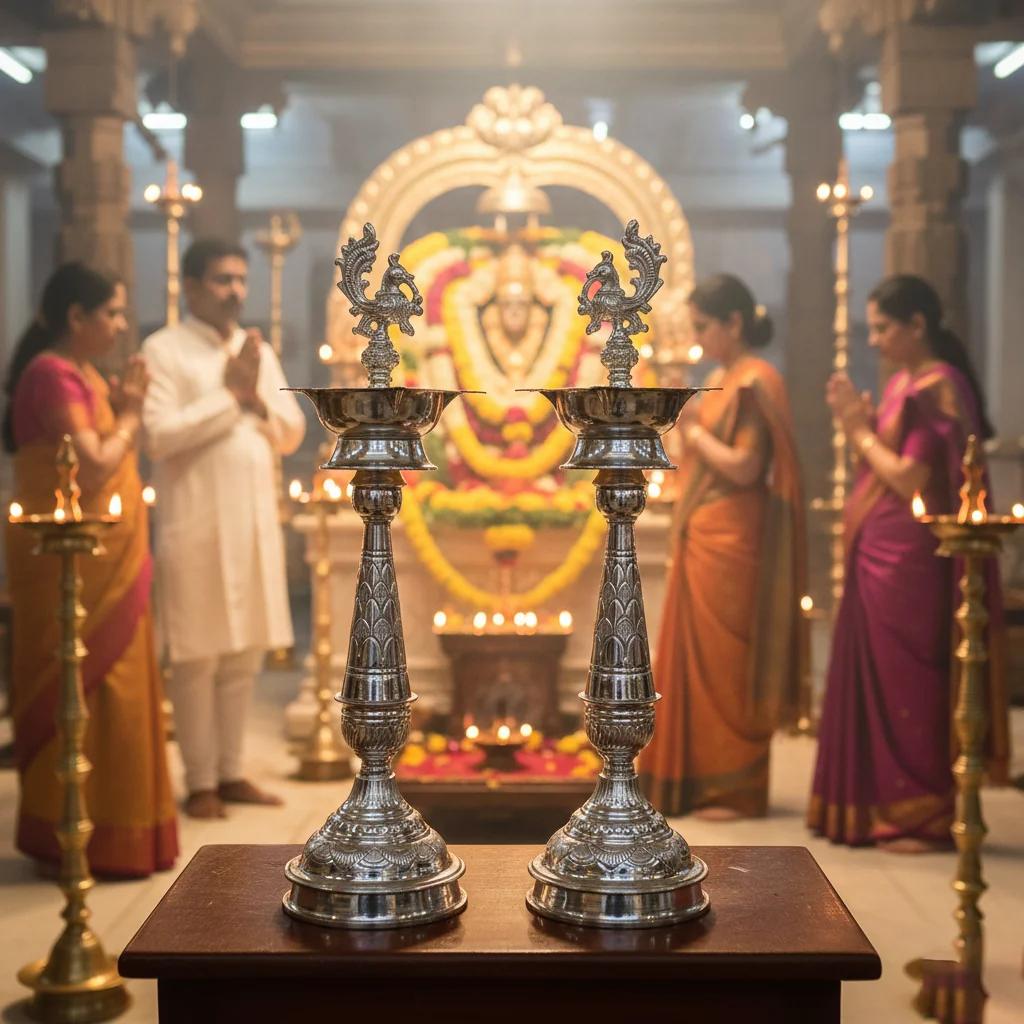 Value Gifts 2-in-1 16 Inch Diyas in German Silver for Pooja and Decor