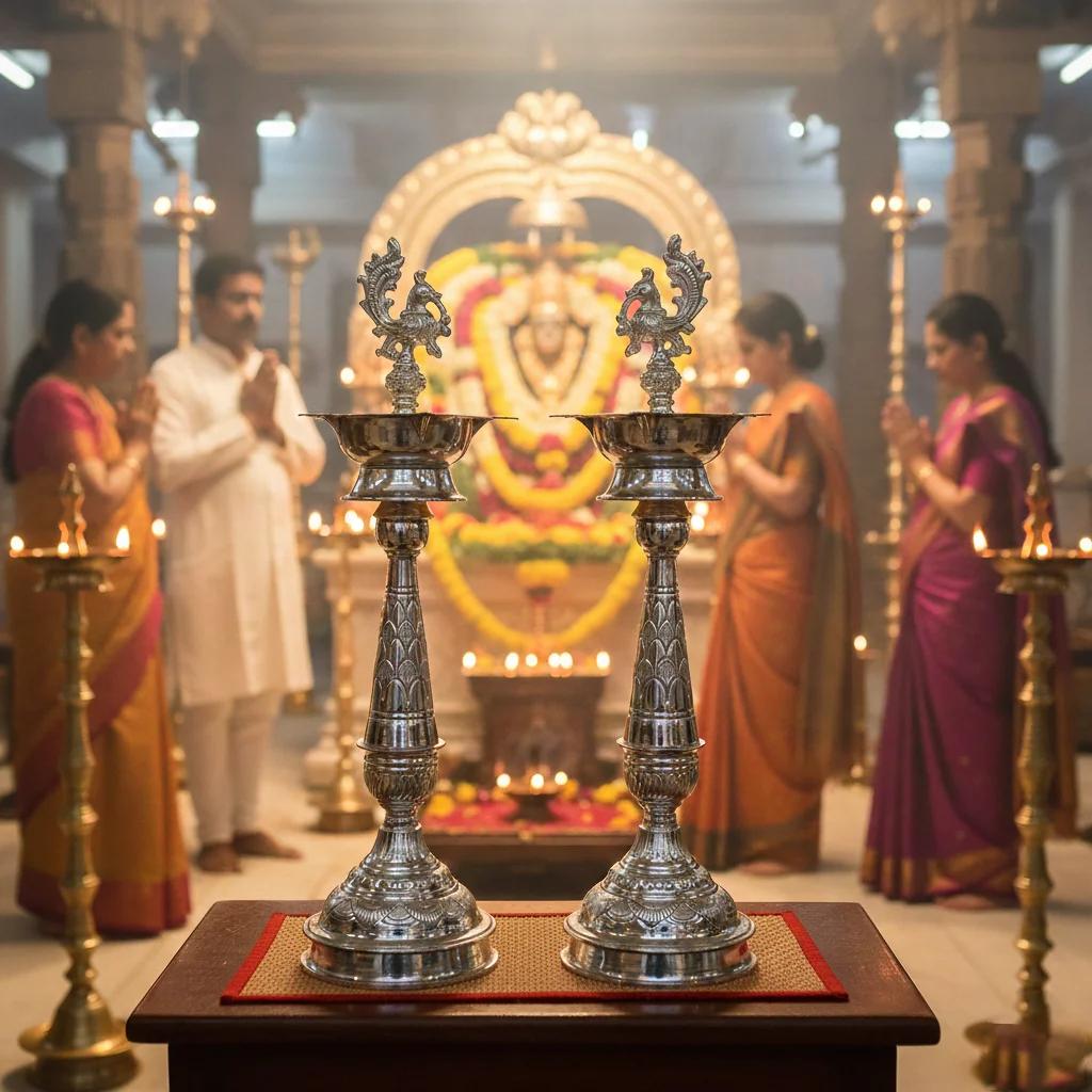 Value Gifts Traditional 30 Inch Diyas in Grand German Silver for Pooja Use