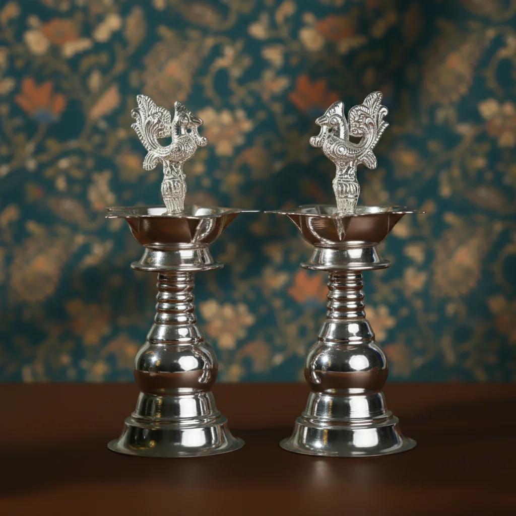 Value Gifts German Silver 7 Inch Plain Diyas for Pooja