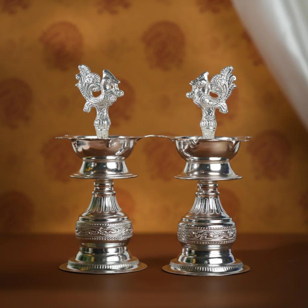 Value Gifts 7 Inch Design Diyas in German Silver for Pooja and Rituals