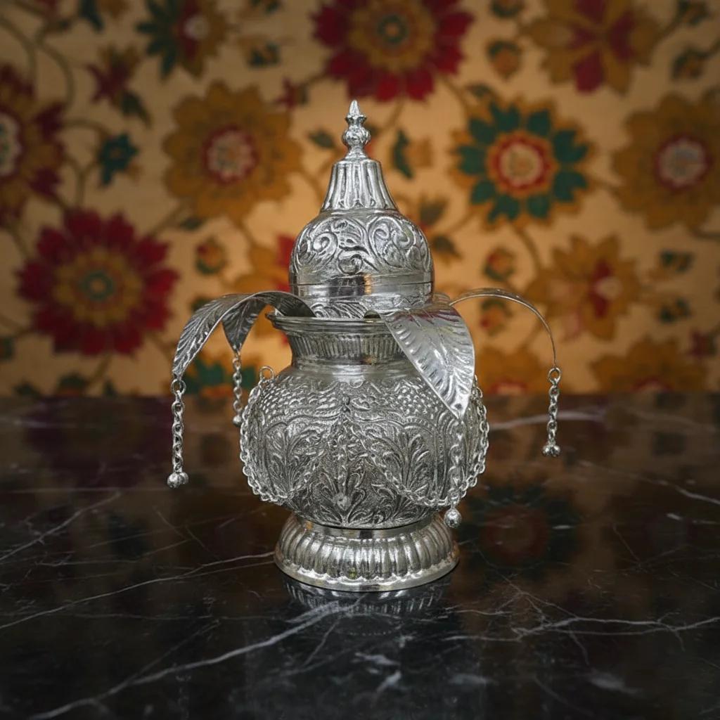 Value Gifts Elegant German Silver Kalisam with Coconut Leaf for Religious Offerings