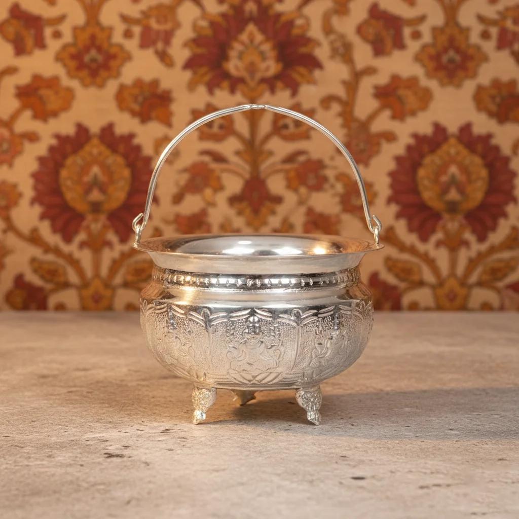 Value Gifts Elegant Pula Butta German Silver Basket for Pooja Offerings and Decor