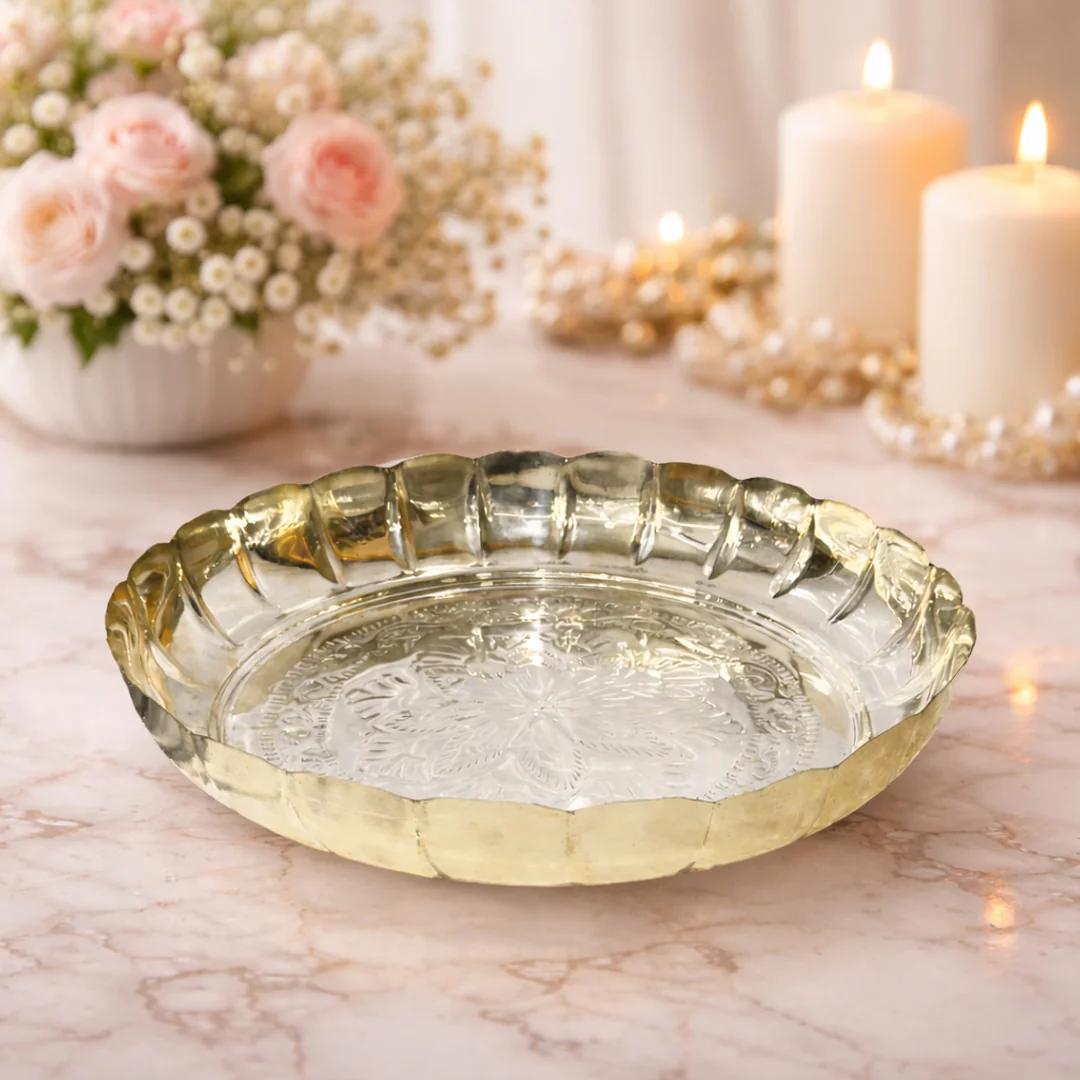 Value Gifts Elegant 12 Inch German Silver Lotus Plate for Pooja Use
