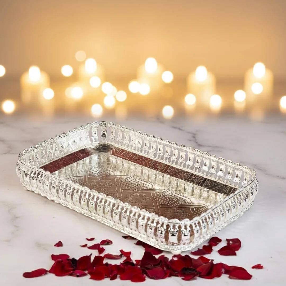 Value Gifts German Silver Rectangle Tray with Stylish Design for Worship