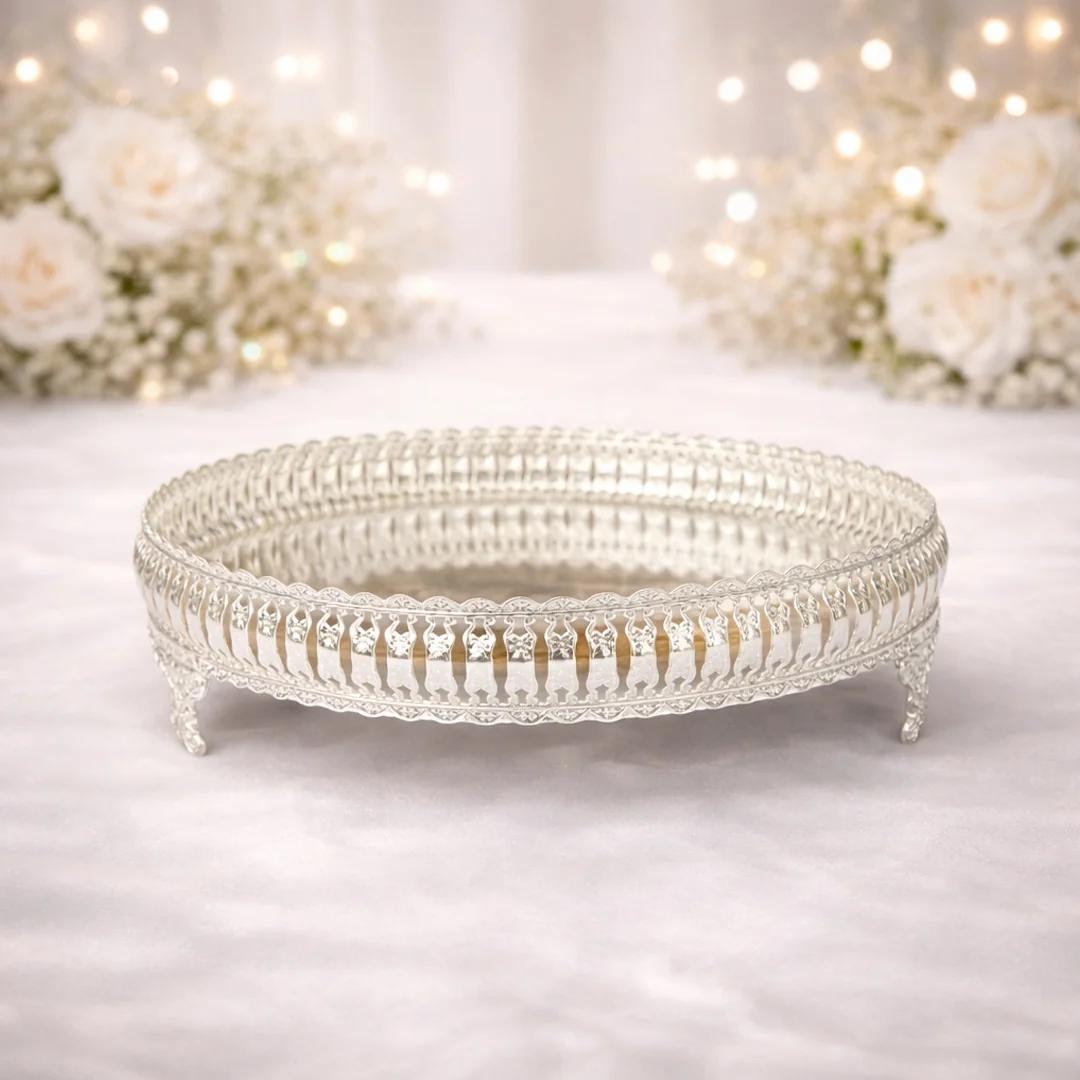 Value Gifts 10 Inch German Silver Tray for Pooja and Home Temple Decor