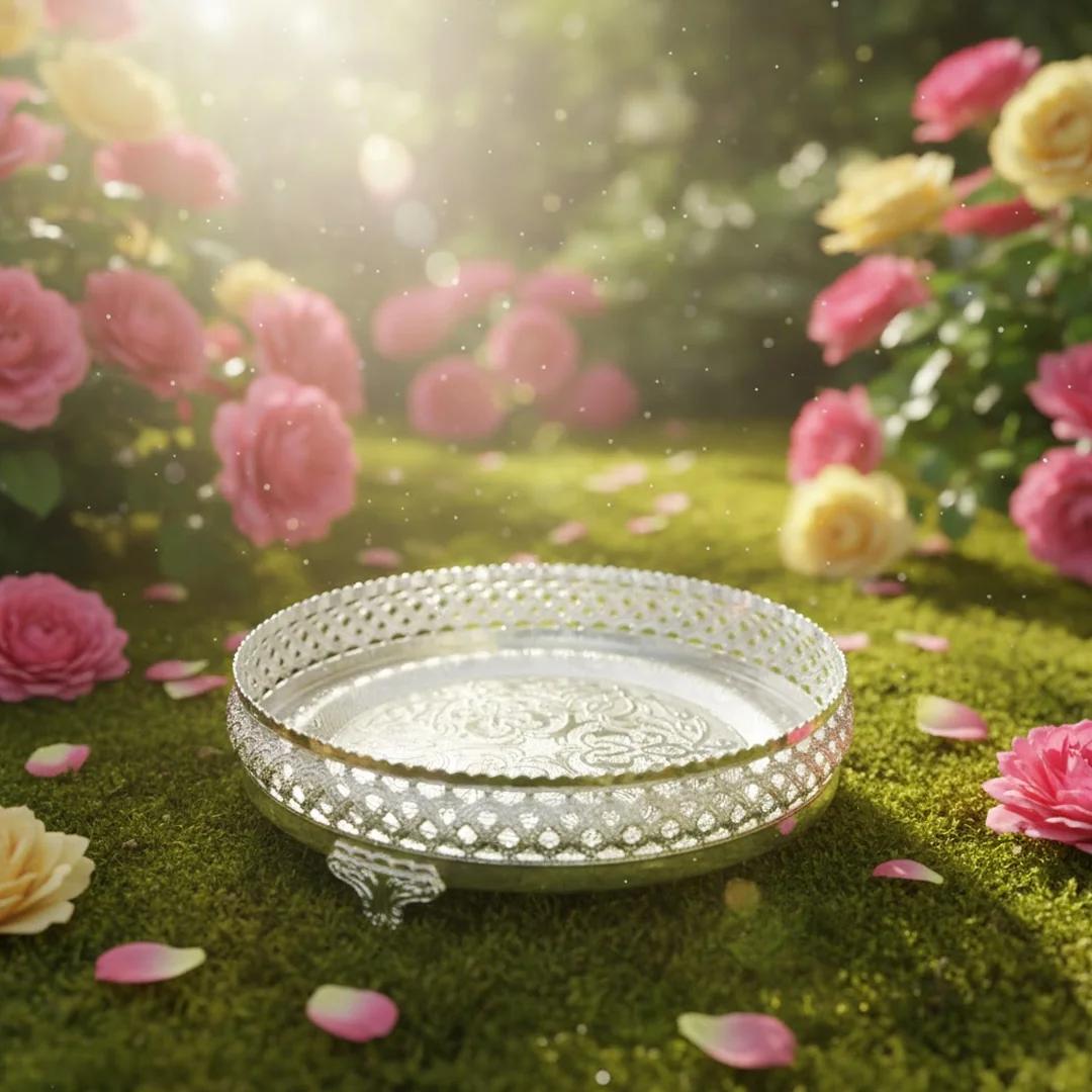 Value Gifts 10 Inch German Silver Tray for Pooja and Sacred Rituals
