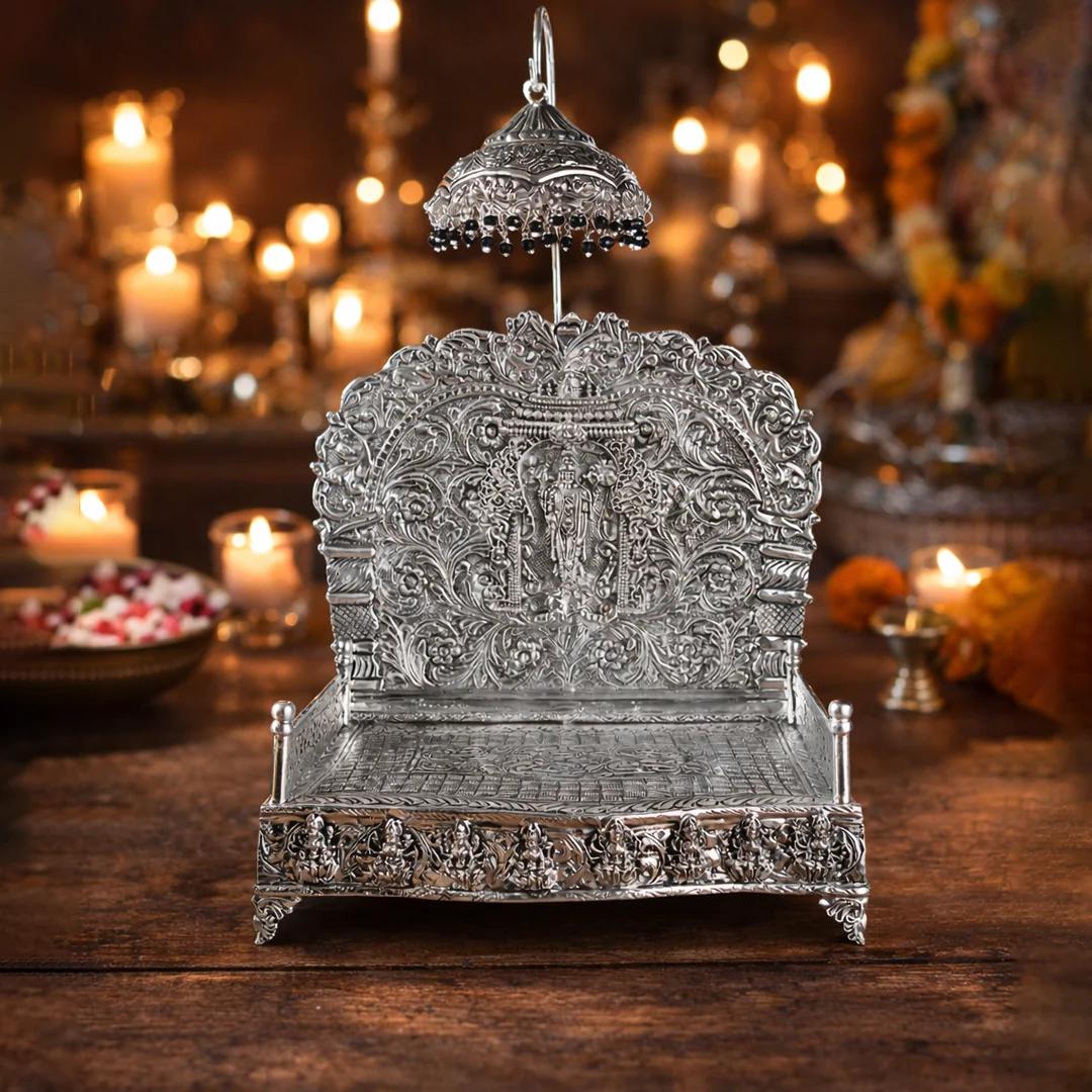 Value Gifts 9 Inch Simhasanam Antique German Silver for Sacred Ceremonies
