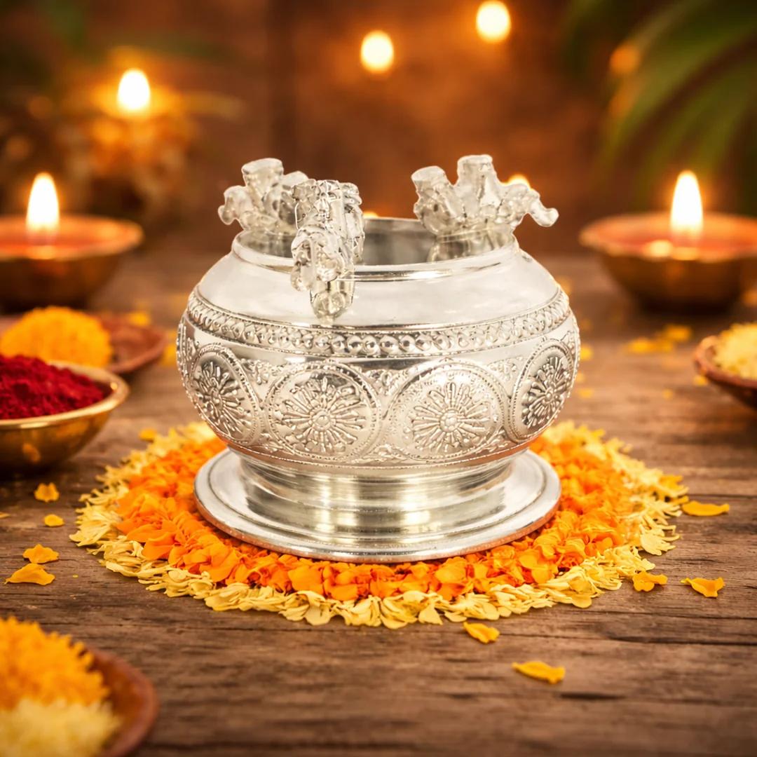 Value Gifts German Silver Elephant Leg Decorative Bowl for Worship and Offerings