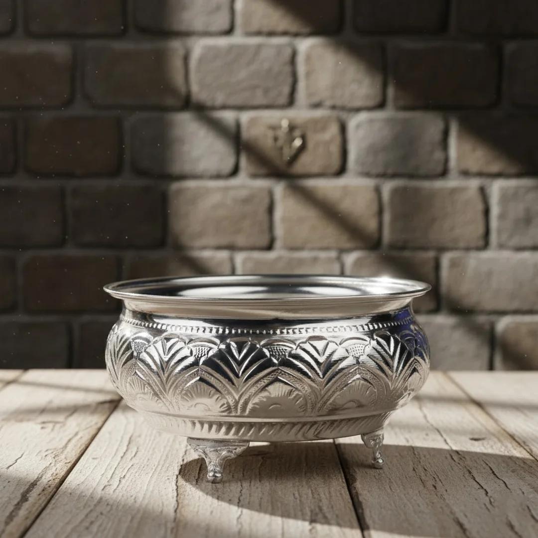 Value Gifts Elegant 8 Inch Prasadam Bowl in German Silver for Pooja