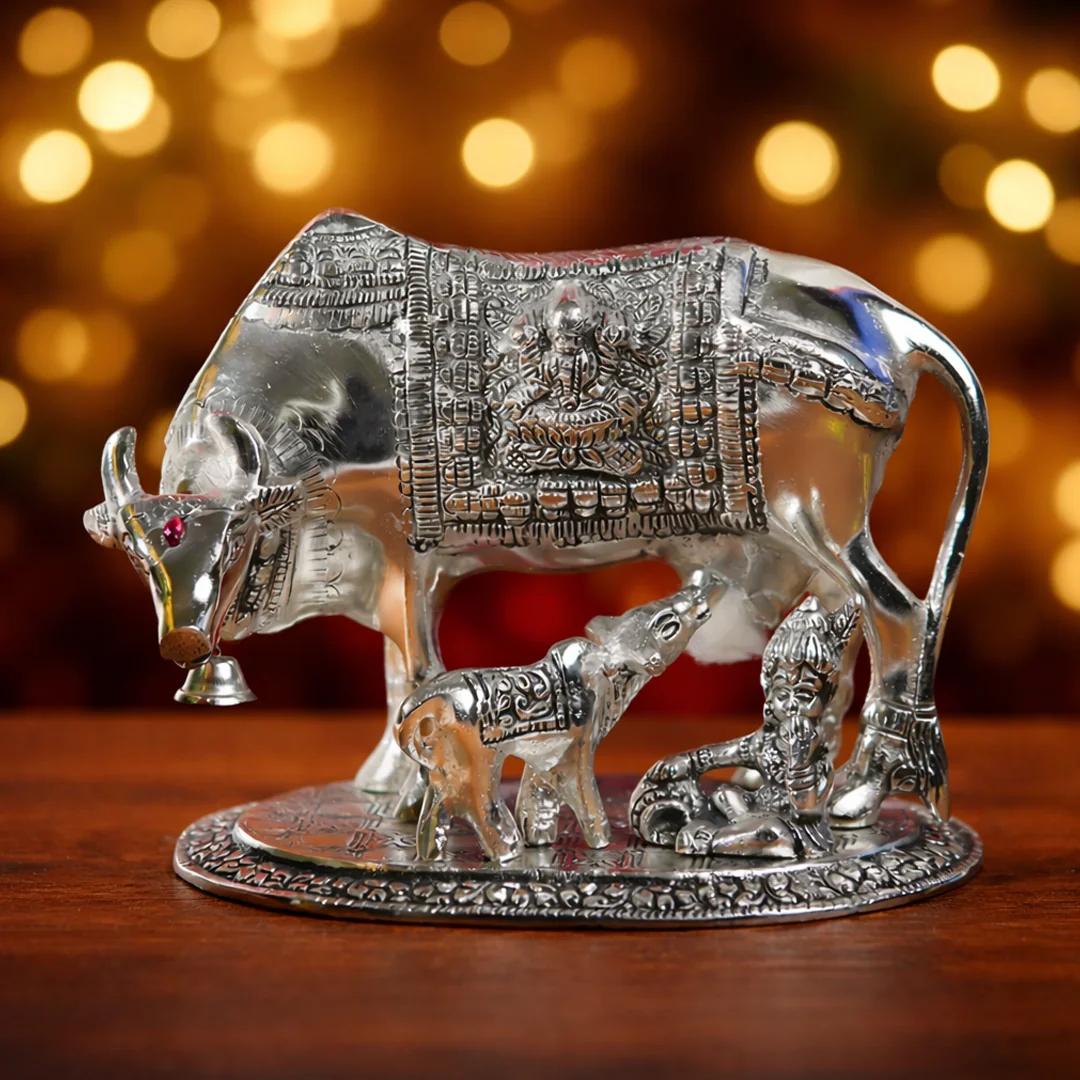 Value Gifts Elegant 8 Inch Cow and Calf Idol in German Silver for Pooja