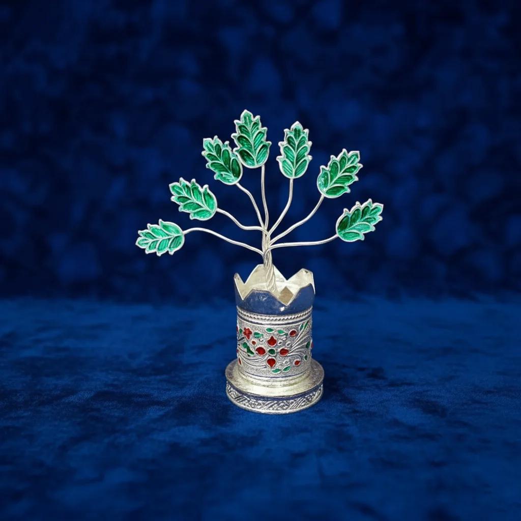 Value Gifts 3 Inch Tulasi Plant in German Silver for Spiritual Offerings