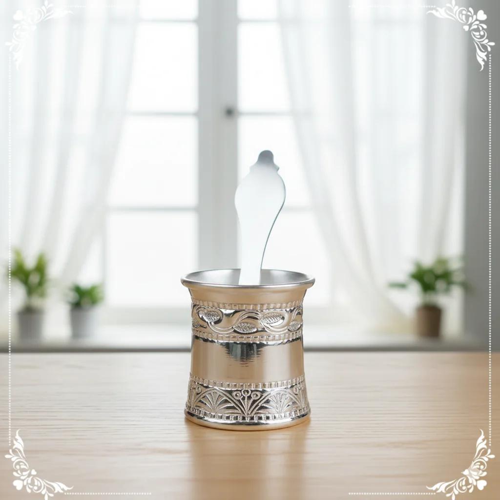 Value Gifts German Silver Panchapatra with Beautiful Design for Rituals and Worship