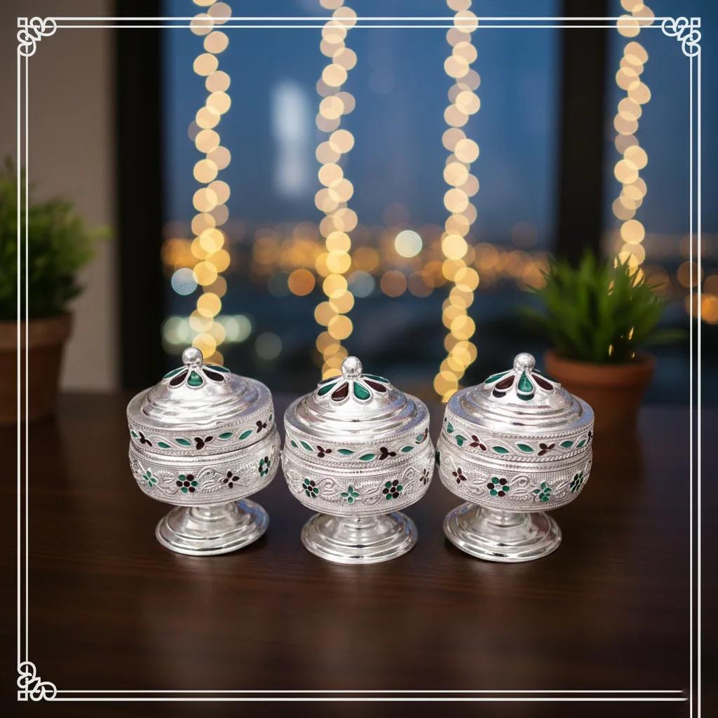 Value Gifts Small Meena Dabbi German Silver for Rituals and Pooja Use