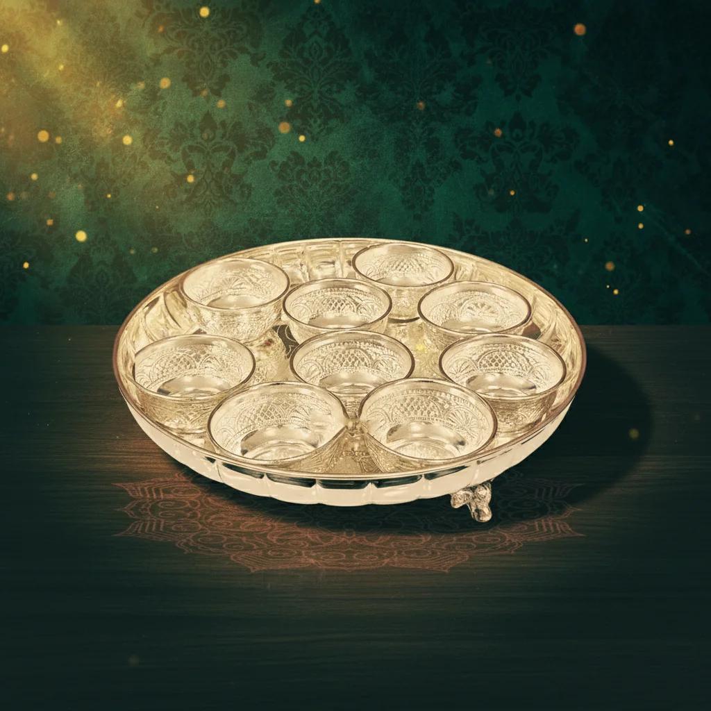VPH Gift Store German Silver 10-Inch Plate with 9 Bowls Set for Rituals and Spiritual Gifting