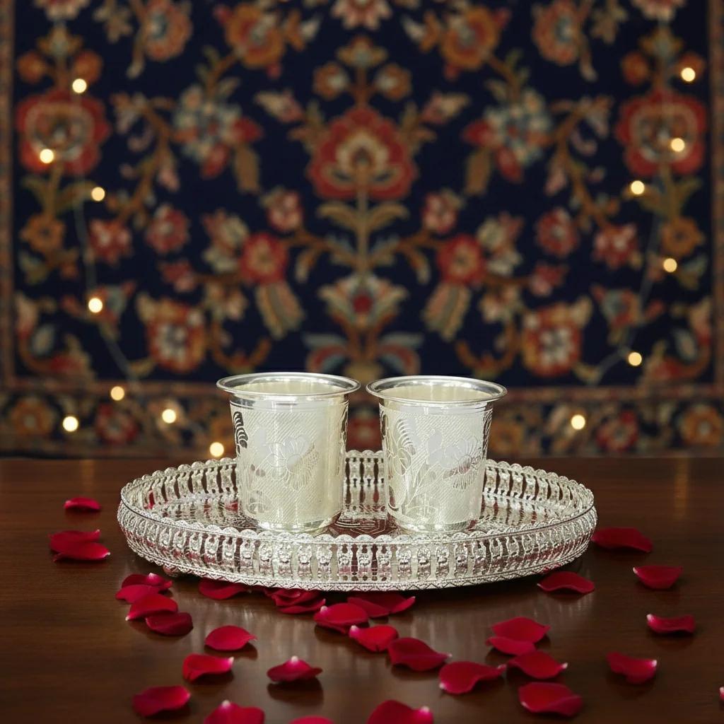 VPH Gift Store German Silver 2 Glasses with Tray Ideal for Pooja Elegant Set