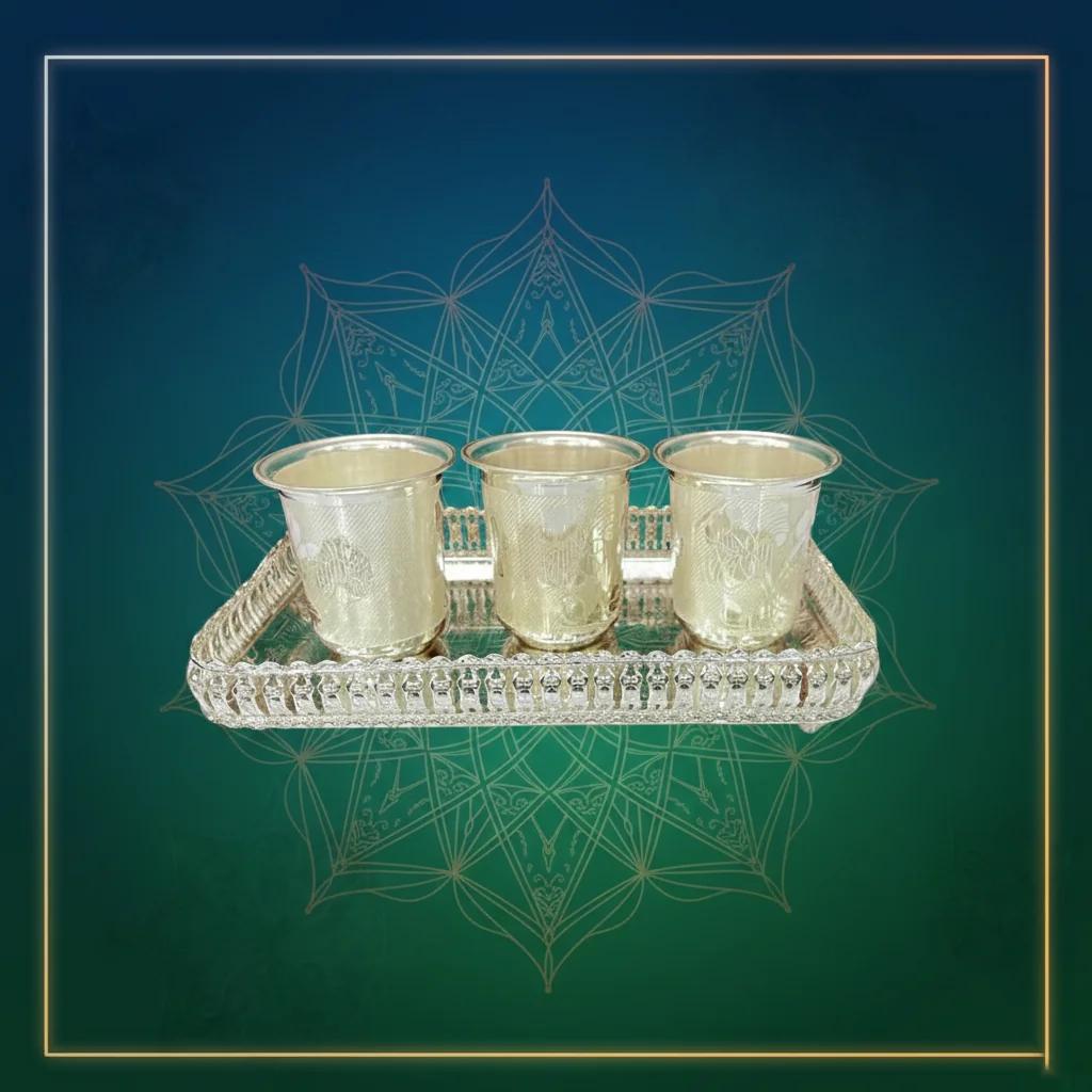 VPH Gift Store Traditional German Silver 3 Glasses & Tray Set for Pooja and Gifting