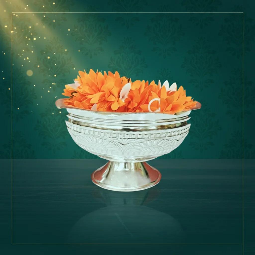 VPH Gift Store Elegant German Silver 6 Inch Prasadam Bowl and Garland