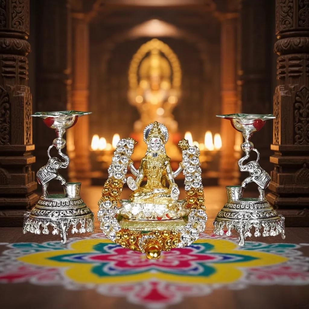 VPH Gift Store Lakshmi Idol with Garland and Diyas Set in German Silver