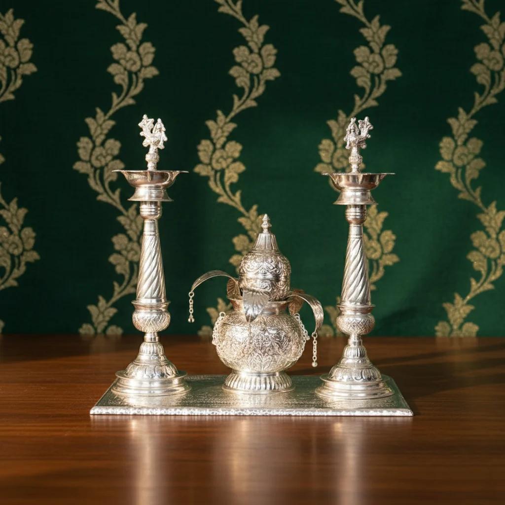 VPH Gift Store 22 Inch German Silver Diyas Kalisam Coconut Set Antique Design