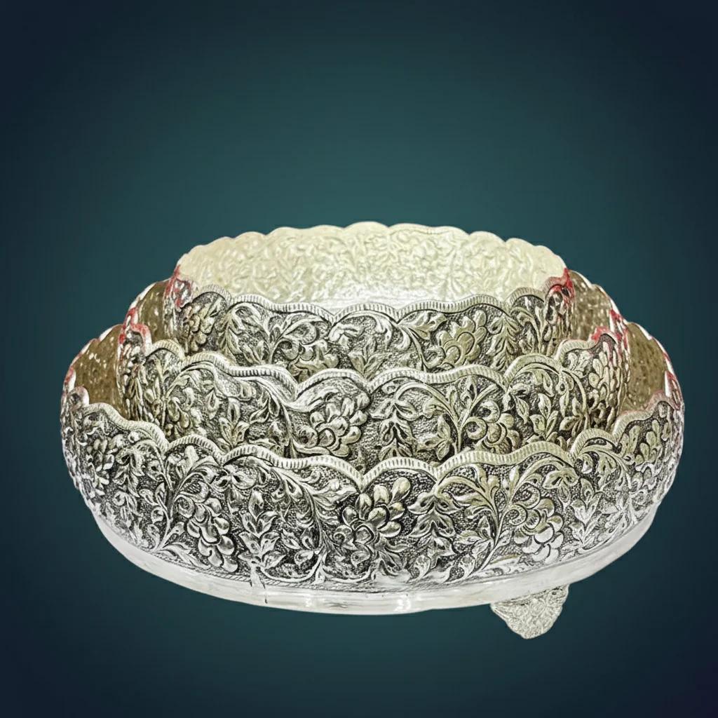 VPH Gift Store German Silver Antique Plates Set 12, 10, 8 Sizes for Festivals