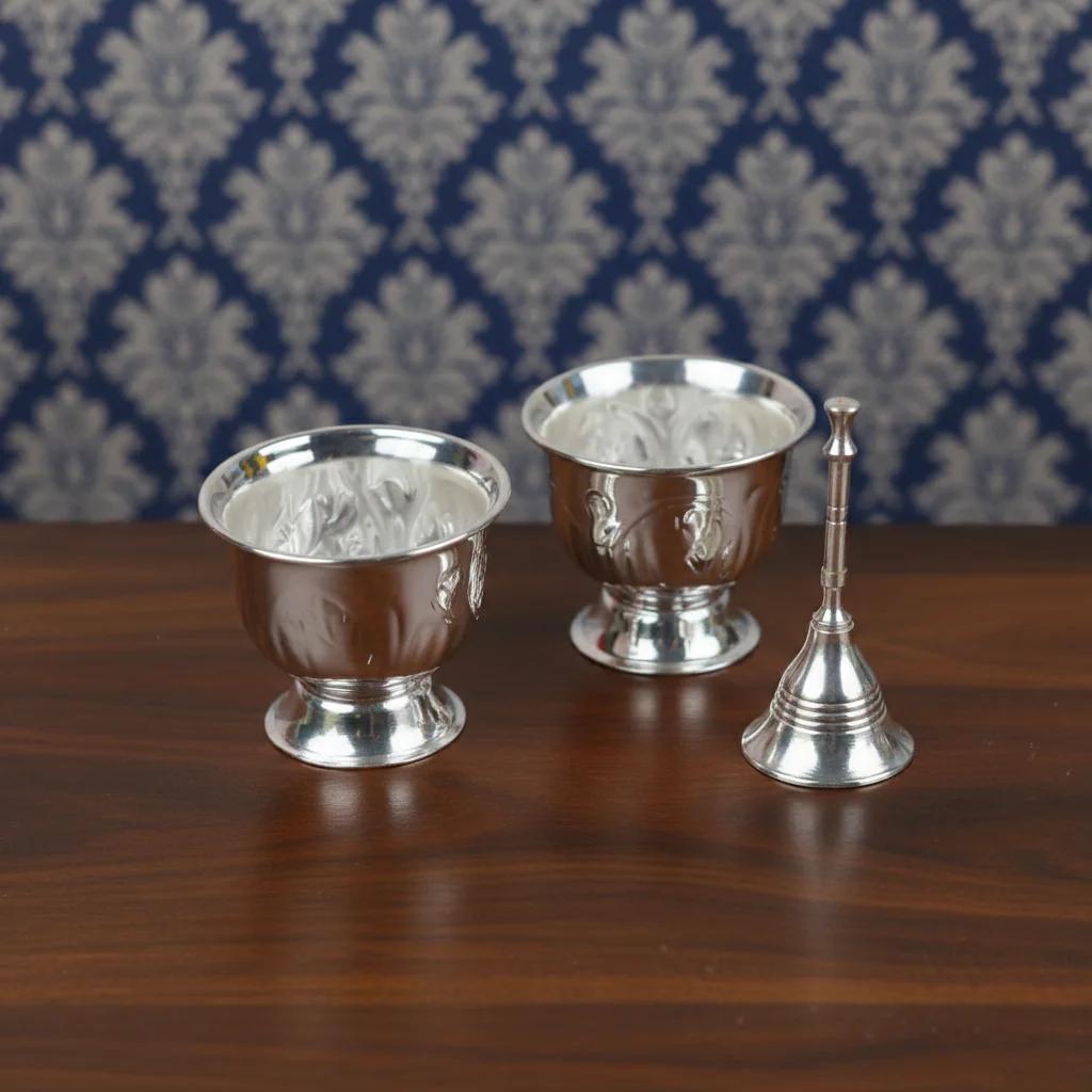 VPH Gift Store Traditional German Silver Bowls with Bell Set for Religious Rituals and Pooja