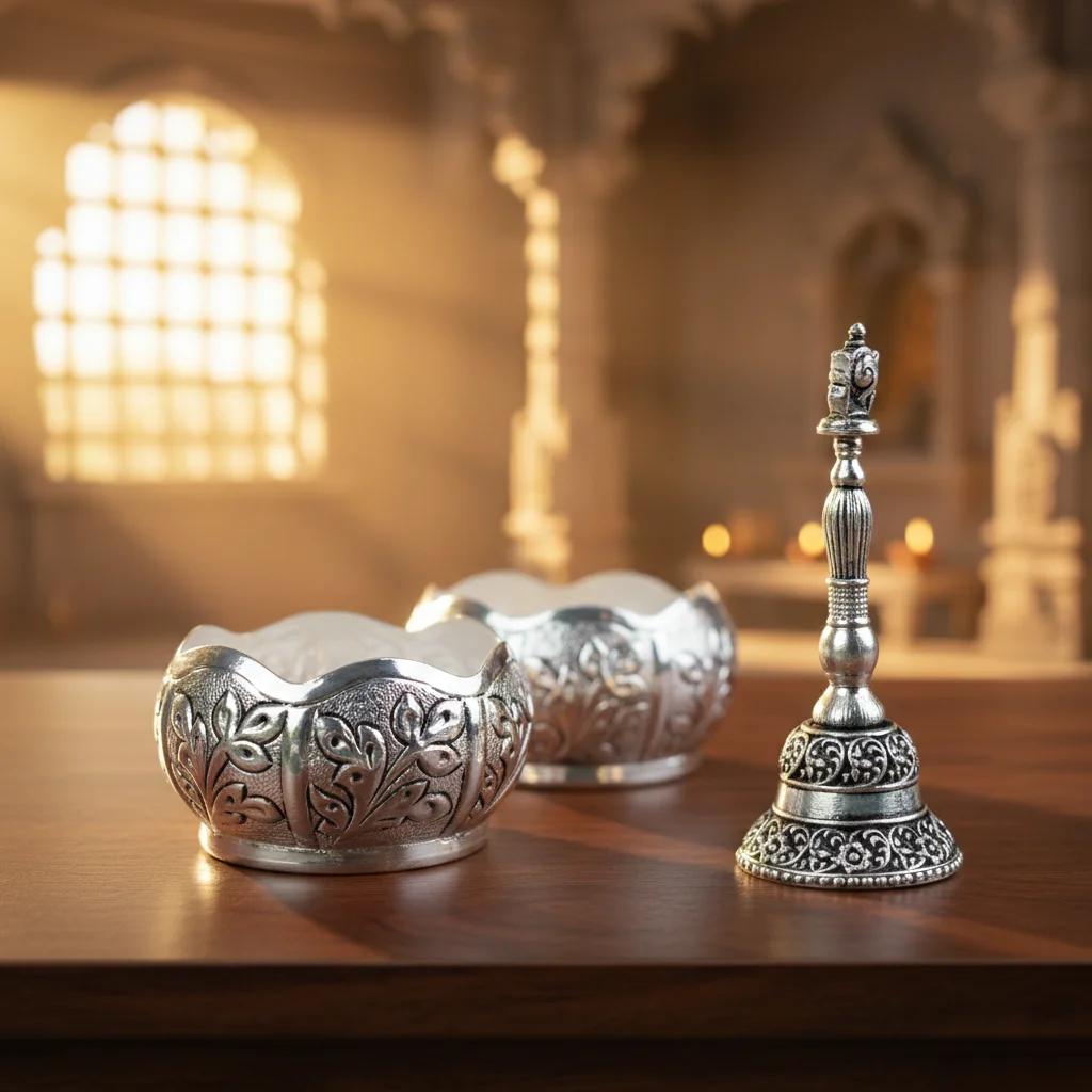 VPH Gift Store German Silver Antique Bowls with Bell Set for Pooja and Festive Gifting