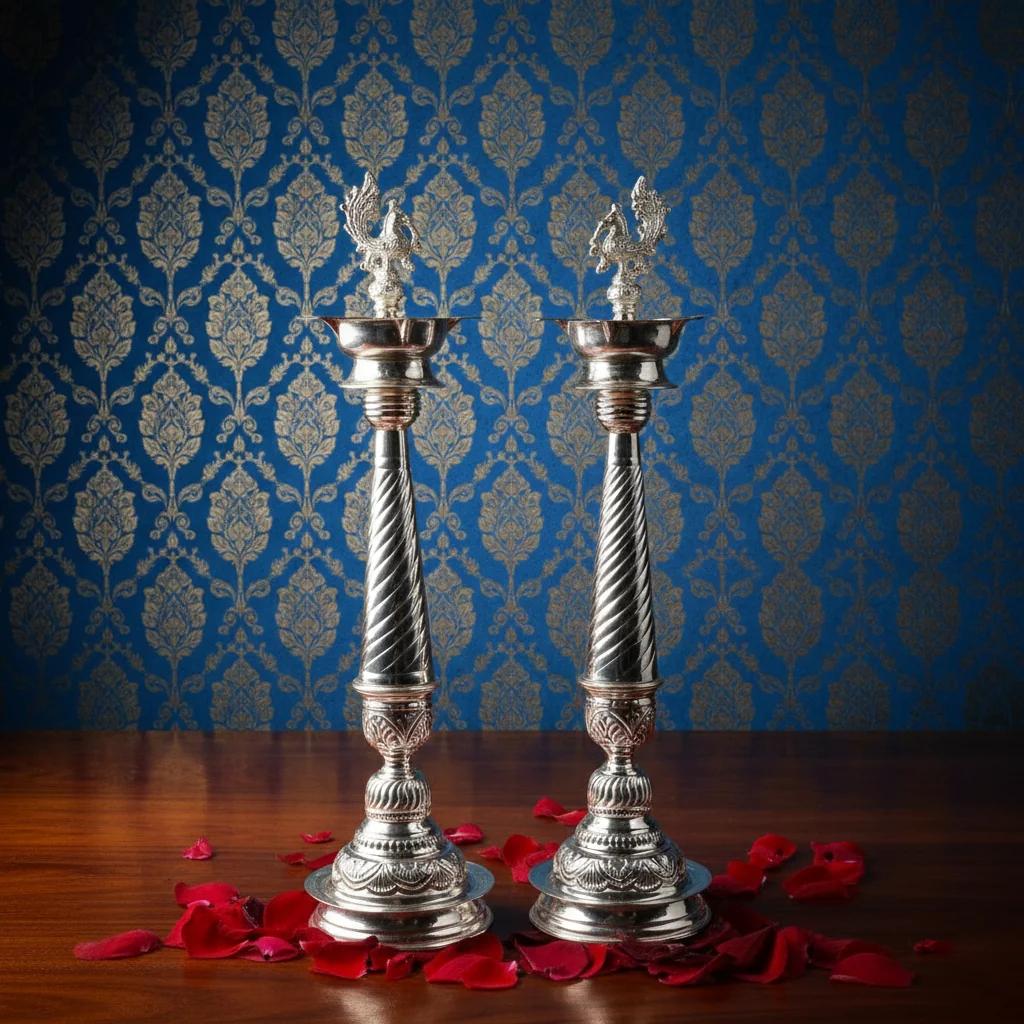 VPH Gift Store 22-Inch Premium German Silver 2-in-1 Diya Set for Elegant Home Lighting