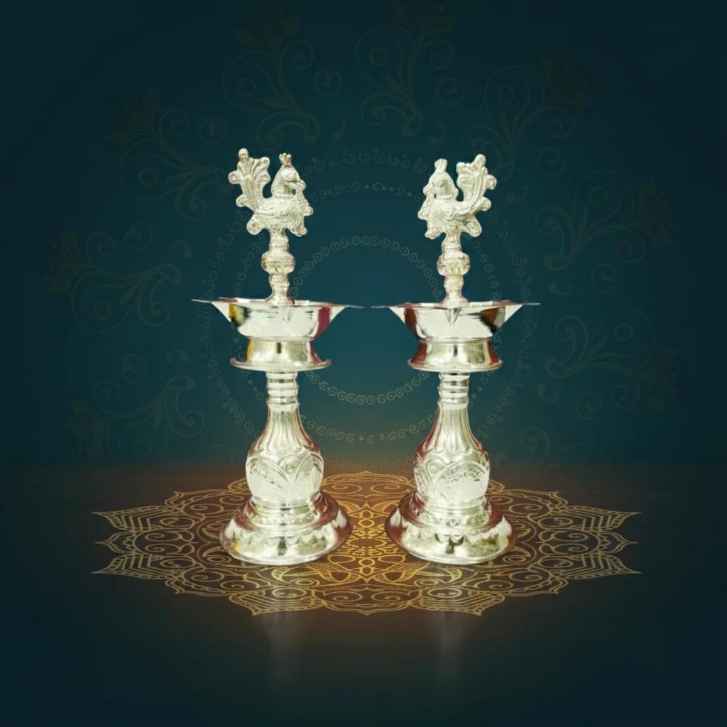 VPH Gift Store Premium 10 Inch Design Diyas in German Silver for Pooja Decor