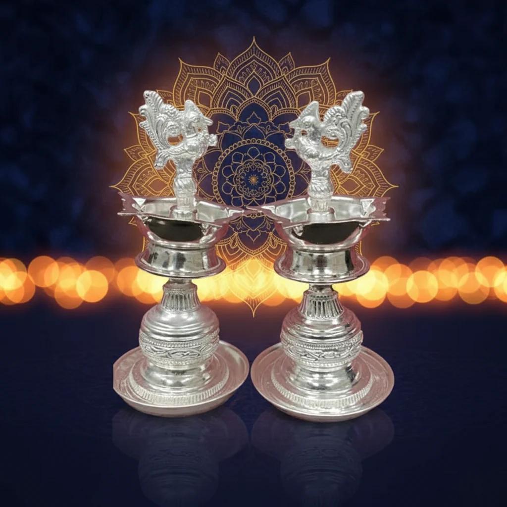 VPH Gift Store Elegant 7 Inch Design Diyas in German Silver