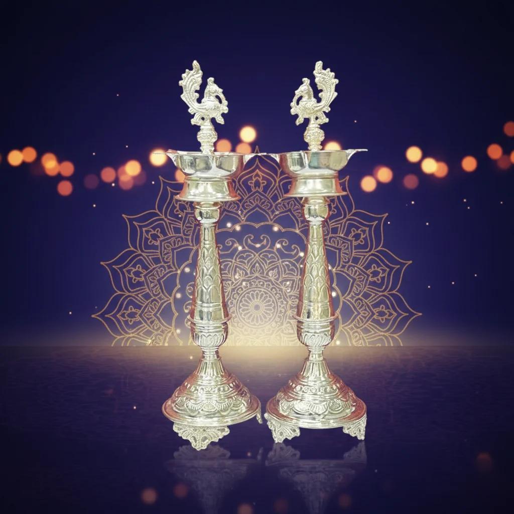 VPH Gift Store Elegant 2-in-1 16 Inch German Silver Diyas for Home Decor