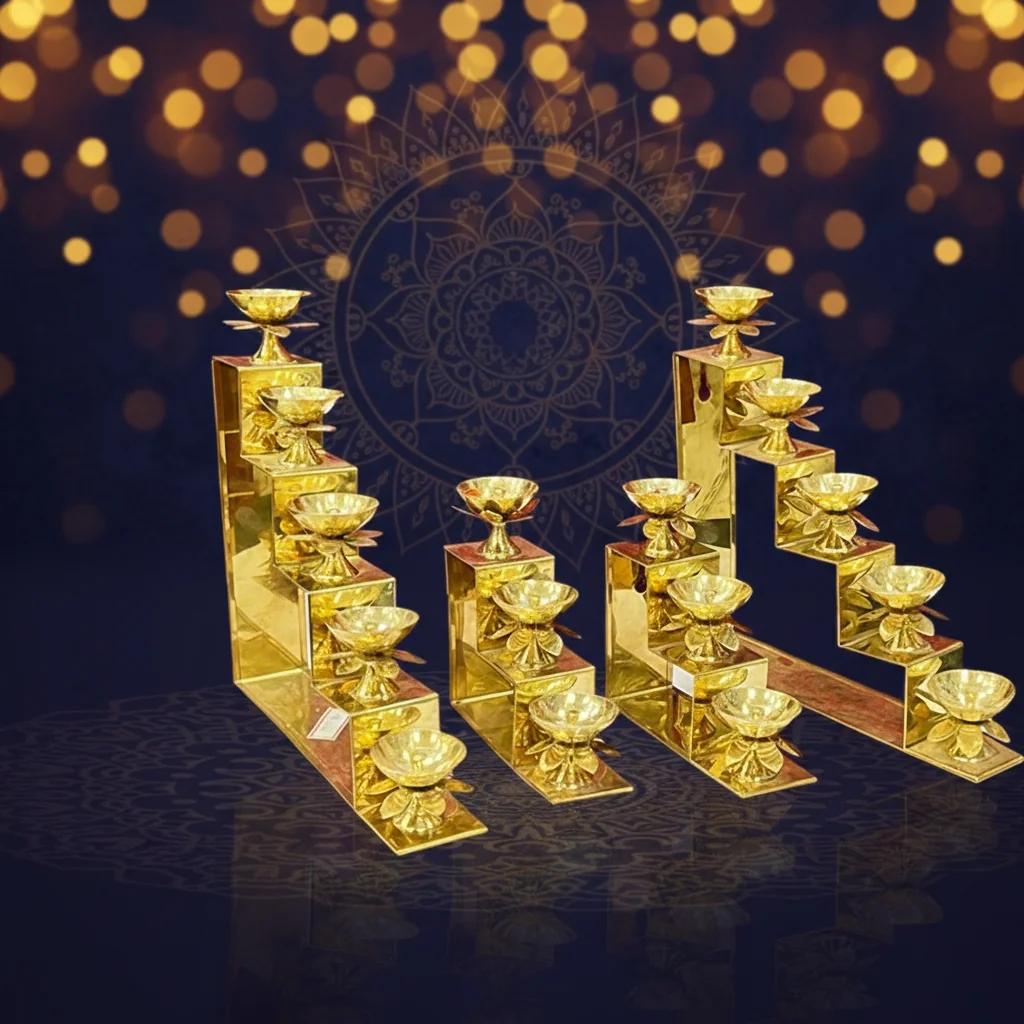 VPH Gift Store Traditional 3 & 5 Steps Diyas in German Silver for Pooja Decor